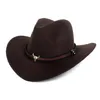 West Cowboy Hat Fashion Wool Wool Feel Metal Bull Head Dekoracja Sombrero Western Men Cap Black Brown 240130