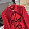 Женские блузки, шифоновые однотонные рубашки, модные винтажные весенне-летние свободные красные костюмы, топы с длинными рукавами и оборками YCMYUNYAN
