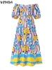 Party Dresses VONDA Bohemian Summer Sundress 2024 Long Maxi Dress Casual Floral Printed Sexy Off Shoulder Vintage Sleeve Robe Femme