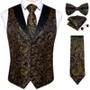 Брендовый костюм, комплект жилета для мужчин, роскошное шелковое черное золотое платье с узором пейсли, галстук, запонки, носовой платок, мужской жилет без рукавов 240125