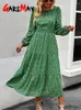 Casual Dresses Spring Green Vintage Dress Women A-line Female Long Sleeve Midi Loose O Neck Elegant For 2024