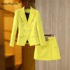 High Street Spring Summer Chic Design Fresh Yellow Blazer Rok Pak Twee stukken Sets met Blet Beautiful Women Clothing 240118