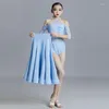 Toneelkleding Kinderen Off-Shoulder Ballroom Danswedstrijd Jurk Kanten Romper Lange Rok Meisjes Blauw Walsvoorstelling Danskostuum VDB6166