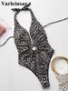 Kvinnors badkläder sexig leopard tryckt Deep V Neck Women One Piece Swimsuit Female Halter Monokini Bather Bathing Swim Lady V4438