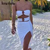 Casual Dresses Hawthaw Women Summer Strapless Hollow Out Pleated Bodycon Sold Color Split Beach Party Dress 2024 Female Clothing Streetwear