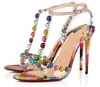 Färgglada bauble-bockade högklackade sandaler Rainbow Studs T-strap Sandaler Kvinnor Summerskor Pärla PVC Kvinnor Sandaler 240201