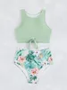 Women's Swimwear Vintage Floral Print High Waist Bikini Set 2024 Women Green Hollow Out Tie Bow Push Up Swimsuit Bathing Suit Beachwear