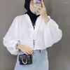 Ethnische Kleidung Damen Eid Muslim Tops Laternenärmel V-Ausschnitt Einreiher Blusen Knopf Pullover Dubai Solides Hemd Arabischer Kaftan Casual