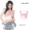 Kvinnors tankar rosa lapptäcke hängande nackband V-ringning Vest Women Short Top Sexig Pure Desire Slim Tie Sweet Korean Fashion E-Girl Summer