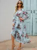 Robes décontractées élégant imprimé floral femmes robe printemps été à manches longues taille haute en mousseline de soie dames fête plage maxi