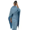 2024 Vintage Mother of the Bride Dresses Muslim High Neck Long Sleevevs Satin Light Blue Sheath Wedding Guest Gowns Tea Length With Cape