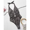Kvinnors badkläder sexig leopard tryckt Deep V Neck Women One Piece Swimsuit Female Halter Monokini Bather Bathing Swim Lady V4438