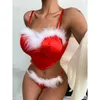 Bh's sets Kerst erotische lingerie kostuum vrouwen sexy festival rood korset veren trim string set g-string slipje ondergoed pak