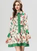 Women's Runway Dresses Turn Down Collar Long Sleeves Printed Lace Up High Streeet Fashion Designer European Vestidos