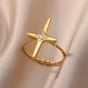 Pierścienie klastrowe okrągły krzyż cyrkonowy dla kobiet ze stali nierdzewnej złoto platowany Pierścień Regulowany 2024 Trend Wedding Estetyczny Prezent Anillos
