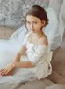 Robes de fille robe de fleur blanc tulle dentelle appliques haut avec grand arc demi-manche pour la fête d'anniversaire de mariage robes de première communion