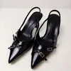 Kleid Schuhe 2024 Frauen Schwarz Leder Mit Hohen Absätzen Slingback Pumps Chic Schnallen Knöchel Strap Heels Elegante Büro Dame Spitz Zehen maultiere