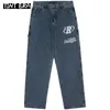 Tint orelha hiphop carta bordado y2k denim jeans solto calças retas calças largas para homens casais streetwear carga coreano 240122