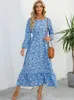 Robes décontractées élégant imprimé floral femmes robe printemps été à manches longues taille haute en mousseline de soie dames fête plage maxi