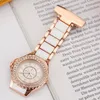 Fashion Crystal Rose Gold Clip-On Pocket Watch Analog Brosch Elegant Steel Women Män kvarts Luxury Nurses Watch FOB Gifts202L