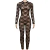 2024 Designer Mesh Jumpsuits Kobiety koronki z długim rękawem Rompers Spring Sexy Bodycon Druk Postrzegaj przez Jumpsuits Clubwear Hurtowe ubrania 10660