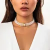 Choker Salircon Elegant Green Pattern Bead Chain Short Necklace Trend Multi Layered Imitation Pearl Women Charm Wedding Jewelry