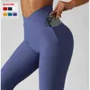 Cor sólida com nervuras calças de yoga mulheres bolsos crossover cintura alta leggings de fitness sexy butt lift treino correndo collants 240131