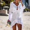 Sarongs Fashion Knitted Tunic Dress Women White Swimsuit Covre-ups Hollow Out Beach Cover Up Skirt Summer 2021 Sarong De Plage12379