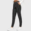 Kvinnors byxor 2024 Spring Women Black Plaid Printing Casual Skinny Female Fitness Legging Pocket Leisure Time Pencil Pant Lady Trousers