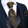 Varumärkesdräkt Vest Set For Men Luxury Silk Black Gold Paisley Dress Tie Cufflinks Handkakor Male ärmlös Waistcoat 240125