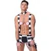 Homens listrados prisioneiro traje halloween cosplay uniforme lingerie sexy conjunto suspender boxer shorts com chapéu colar de corrente pulseiras268w