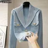 Kvinnors stickor 2024 Autumn Winter Luxury Sticking Long Sleeve Casual V-Neck Cardigans Women French Style Blue Ladies Elegant tröja