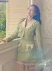 Outono inverno doce tweed xadrez saia define feminino bonito arco jaquetas de lã mini saias verde elegante terno feminino 2 peças conjuntos 240124