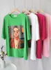 Kvinnors T-skjortor Pink Cotton Oversize For Women 2024 Loose Soft Comic Print Summer T-shirt Green Simple Basic Short Hleeve Tees
