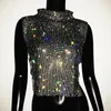 Dames Tanktops Y2K Chic Hoge Kraag Strass Tanktops Voor Dames Feest Rave Sexy Metallic Mesh Doorzichtig Vest Funky Crop Top met zijsplit