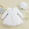 Mädchenkleider Pudcoco Kleinkind Baby Mädchen Taufkleid Spitze Puppenkragen Bommeln Tüllsaum Langarm Prinzessin mit Hut 6M-3T