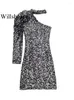 カジュアルドレスウィルシェラ女性ファッションスパンコールでブラックホロウアウトミニドレスビンテージ非対称ネックサイドジッパー長袖女性