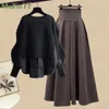 Herbst/Winter Koreanische Elegante Splice Gefälschte Zwei Stück Gestrickte Pullover Kleid Passenden Set Frauen Chic Pullover Rock Set 240202