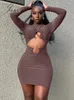 Casual Dresses Joskaa Nude Color Round Neck Long Sleeve Bodycon Dress Sexy Hollow Out Folds Mini For Women 2024 Autumn Night Club Wear