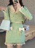 Outono inverno doce tweed xadrez saia define feminino bonito arco jaquetas de lã mini saias verde elegante terno feminino 2 peças conjuntos 240124