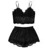 Women's Sleepwear 2Pcs/Set Women Sling Backless See-through Lace Vest Tops Elastic Waistband Smooth Satin Shorts Trim Bowknot Decor