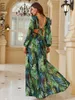 Casual Dresses LOVE&LEMONADE Sexy Green Deep V Neck Long Sleeve Cutout Slit Patchwork Pattern Party Maxi Dress LM84372