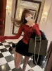 Женский трикотаж 2024, весенний красный вязаный кардиган, женский тонкий свитер с длинным рукавом, офисная женская верхняя одежда, укороченные топы Y2k, женские корейские модные