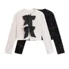 YENKYE Women Contrast Color Bow Sequin Jacket Long Sleeve O Neck Female Party Elegant Crop Coat 240124