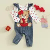 Set di abbigliamento 0-18 mesi Neonate Set di vestiti adorabili Stampa a cuore Pagliaccetto a maniche lunghe Orso Ricamo Pantalone in denim Tuta Fascia per capelli San Valentino