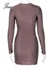 Casual Dresses Joskaa Nude Color Round Neck Long Sleeve Bodycon Dress Sexy Hollow Out Folds Mini For Women 2024 Autumn Night Club Wear