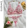 Conjuntos de sutiãs Ellolace Fada Lingerie Floral Linda Roupa Interior Transparente Coração Sensual Thongs Tulle Fantasia Francês Outfit