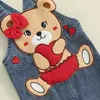 Set di abbigliamento 0-18 mesi Neonate Set di vestiti adorabili Stampa a cuore Pagliaccetto a maniche lunghe Orso Ricamo Pantalone in denim Tuta Fascia per capelli San Valentino