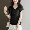 Kvinnors mode Jacquard elegant tunna stickade tshirts Summer V Neck Short Sleeve Loose Pullover Tops Solid Casual Ropa de Mujer 240129