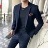 Jacke Hosen Mode Männer Reine Farbe Freizeit Anzüge Grau Blau Schwarz Slim Fit Männer Business Bankett Anzug Set Plus Größe 6XL 7XL 240125